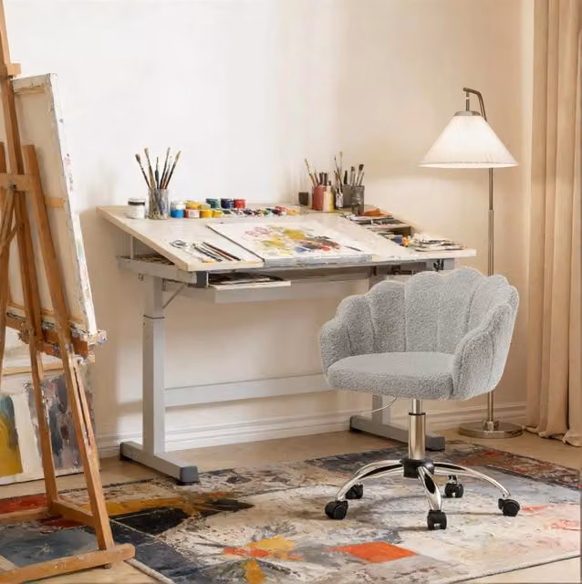Sedia da ufficio girevole moderna in tessuto bouclé grigio con base in metallo e ruote