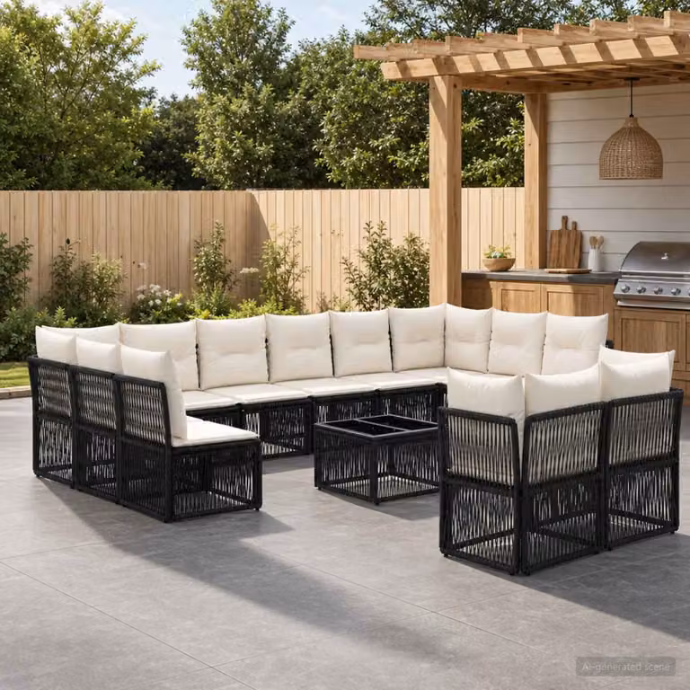 Set Divano da Giardino Moderno vidaXL in Polyrattan Nero con 13 Pezzi e Cuscini Inclusi