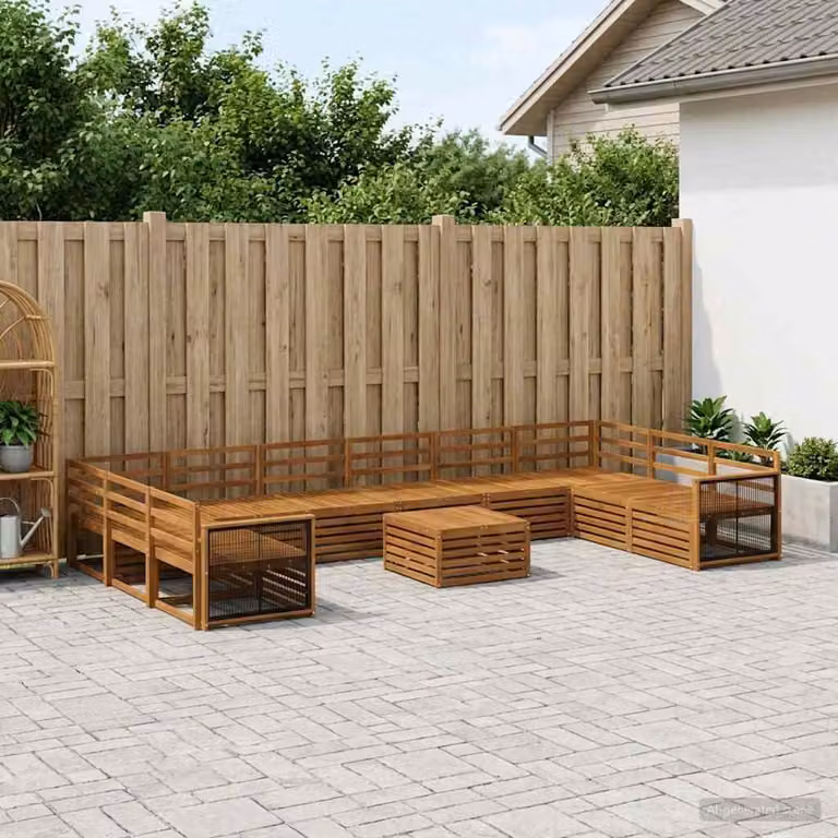 Set di divani da giardino vidaXL in legno di acacia massello marrone, composizione a forma di U con 11 pezzi e cuscini inclusi