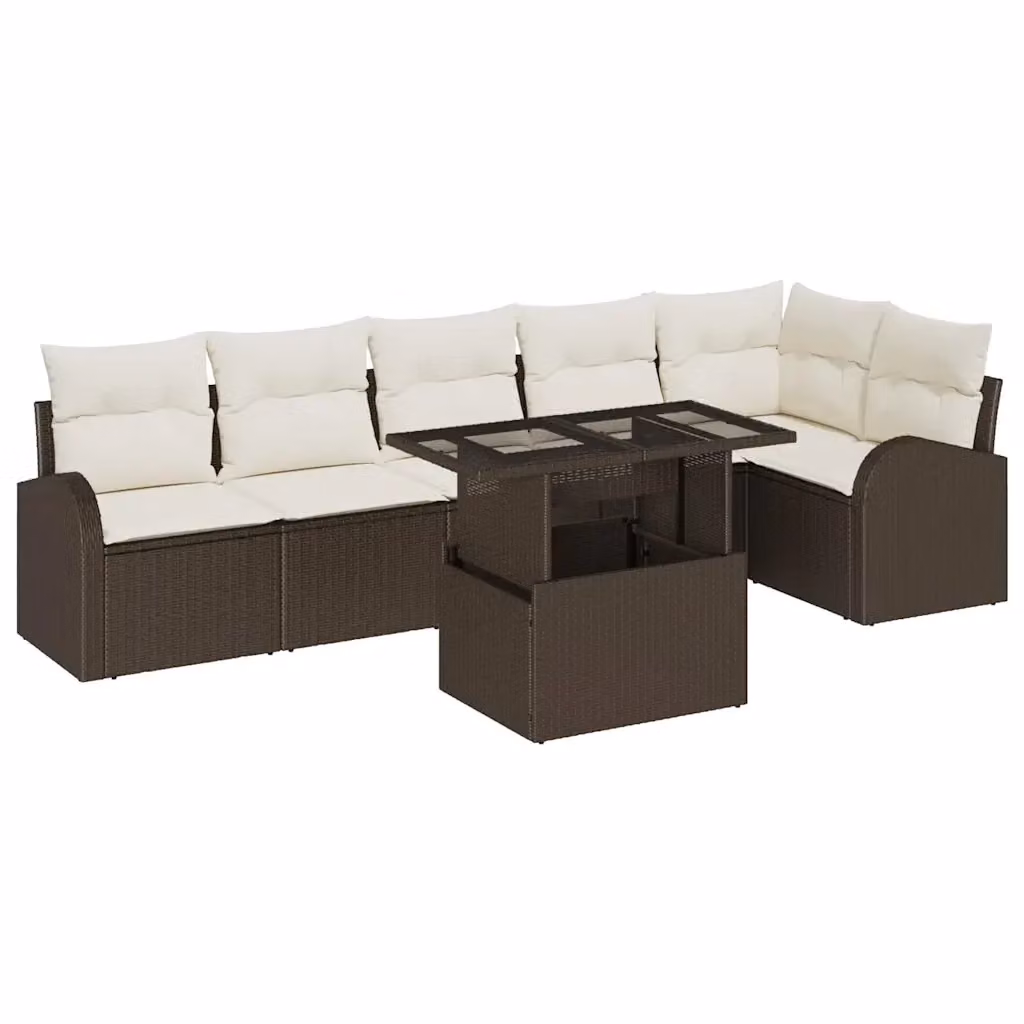 Set Divano da Giardino vidaXL 7 Pezzi a Forma di L con Cuscini e Tavolino, Marrone e Bianco – 2