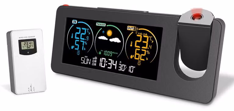 Sveglia proiettore con stazione meteorologica, display a colori, temperatura e umidità