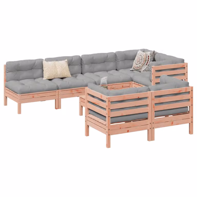 Set di divani da giardino vidaXL 8 pezzi in legno massello con cuscini grigi e marroni per esterno a forma di L con pouf e divano a 3 posti