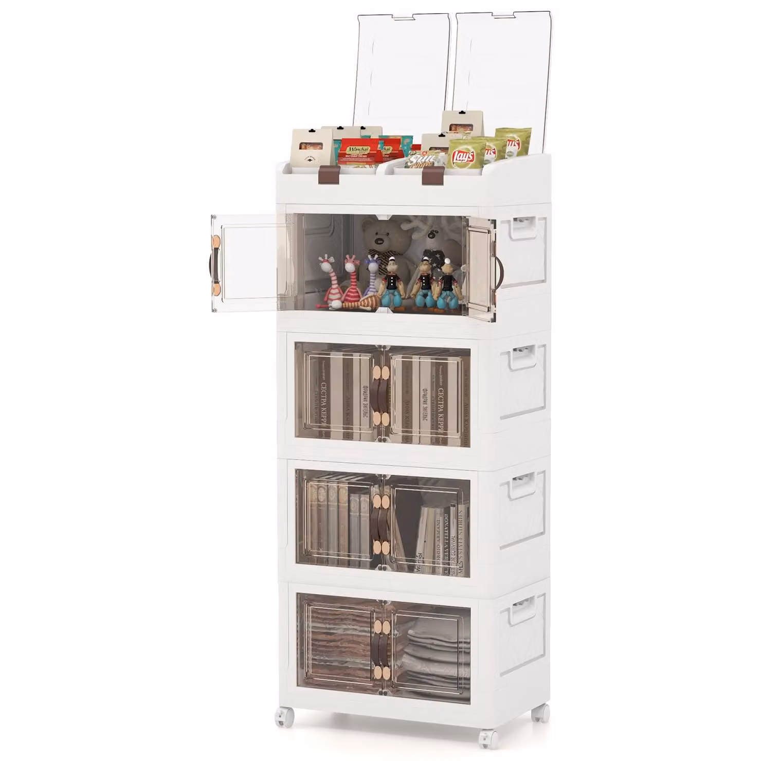 COSTWAY Contenitori pieghevoli con coperchio, confezione da 4 scatole di plastica impilabili con ruote, armadio a rotelle pieghevole con porte magnetiche ad apertura frontale e capacità di 210 L, bianco