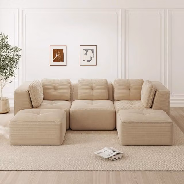 Divano angolare modulare Mivray in velluto a coste beige con seduta reversibile e cuscini inclusi
