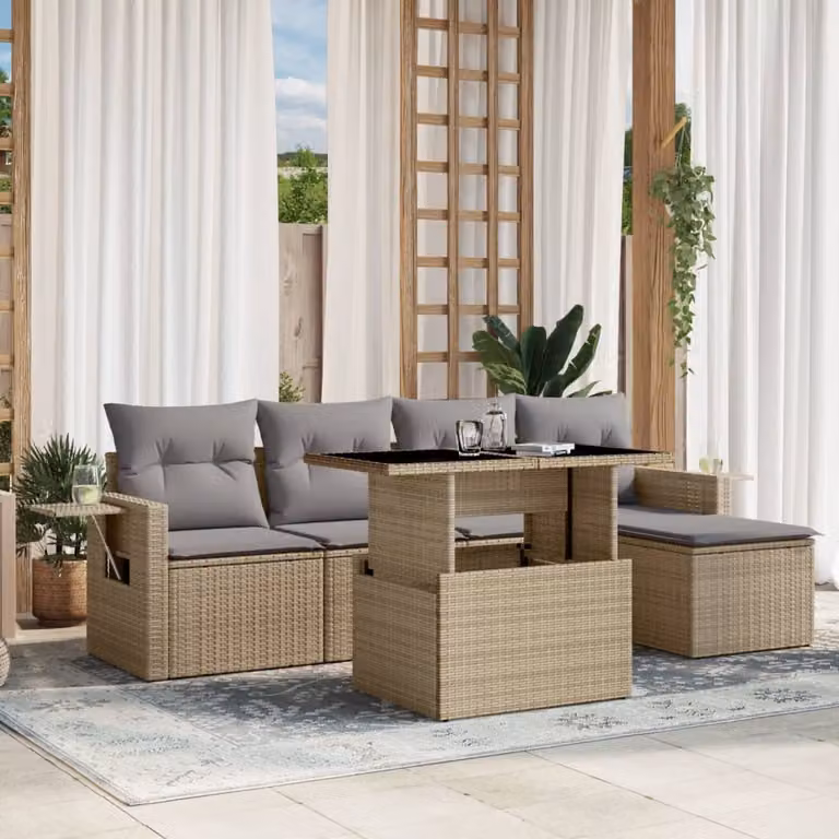 vidaXL Set Divano da Giardino 6 pz in Polyrattan Beige con Cuscini e Tavolino