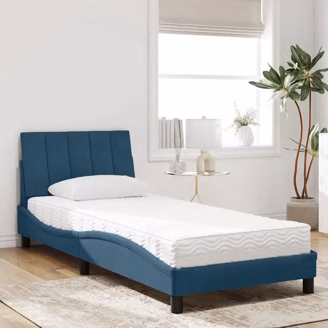 Letto con Materasso Hanko blu e bianco in velluto vidaXL L/P/H: 200 x 80 x 35 cm