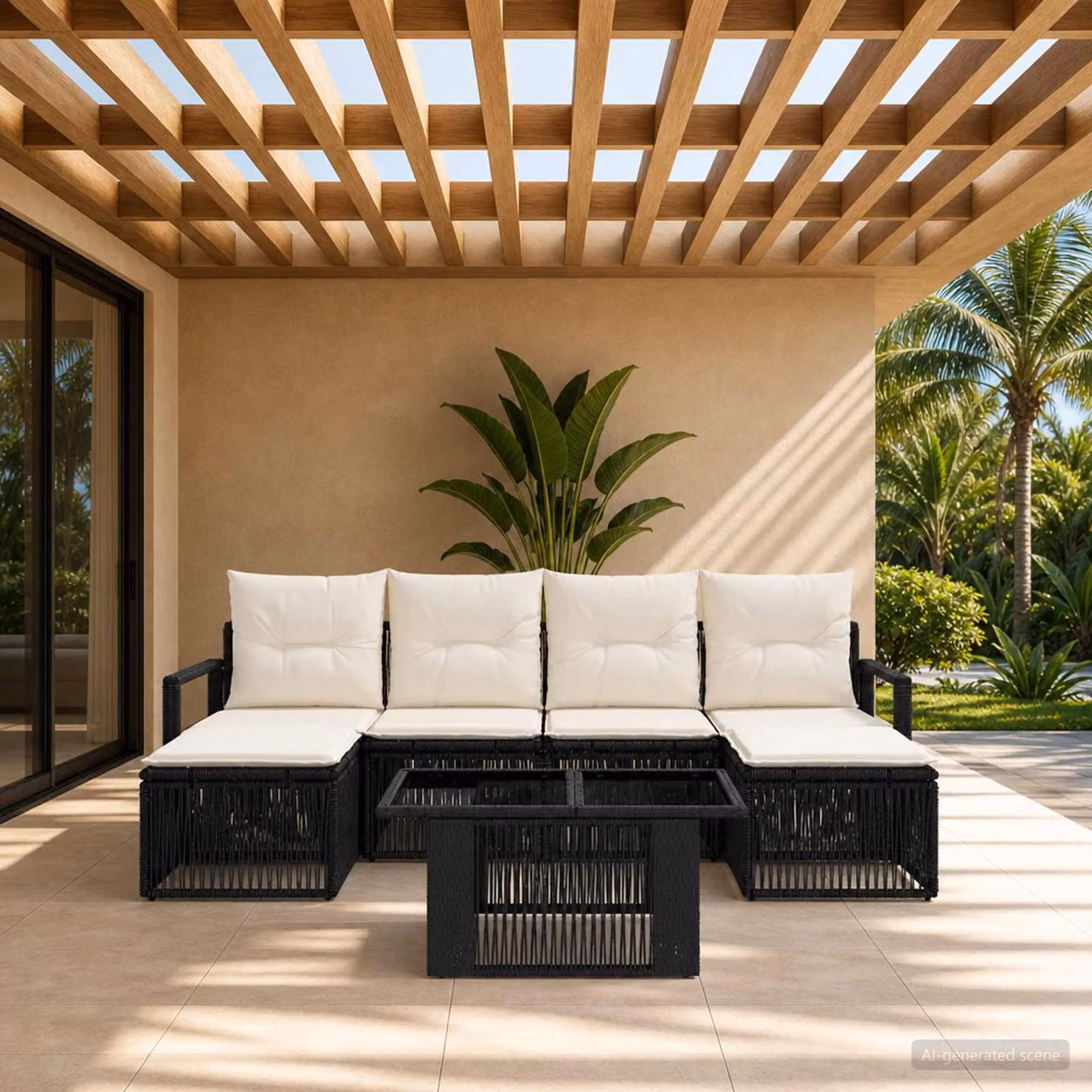Set Divano da Giardino vidaXL 7 Pezzi in Polyrattan Nero e Bianco Crema con Cuscini e Tavolino