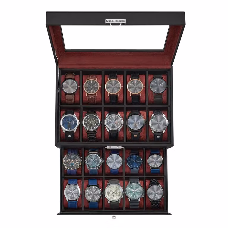 Scatola Portaorologi a 20 Posti, Superficie In Pu Nera + Interno Rosso Bordeaux