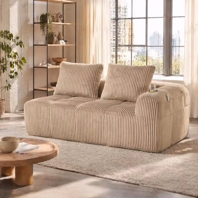 Divano a 2 posti compatto in corduroy color khaki; 158x93x61 cm; con tasche laterali e portabicchieri