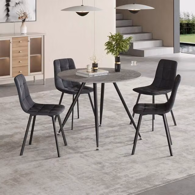 Set da Pranzo Fitjar en.casa con Tavolo Rotondo Effetto Cemento Ø100 cm e 4 Sedie in Velluto Grigio Scuro
