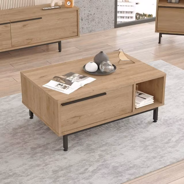 Tavolino da salotto en.casa con scomparti aperti e chiusi, design moderno, colore marrone e nero, L: 90,0 cm, P: 60,0 cm, H: 37,5 cm