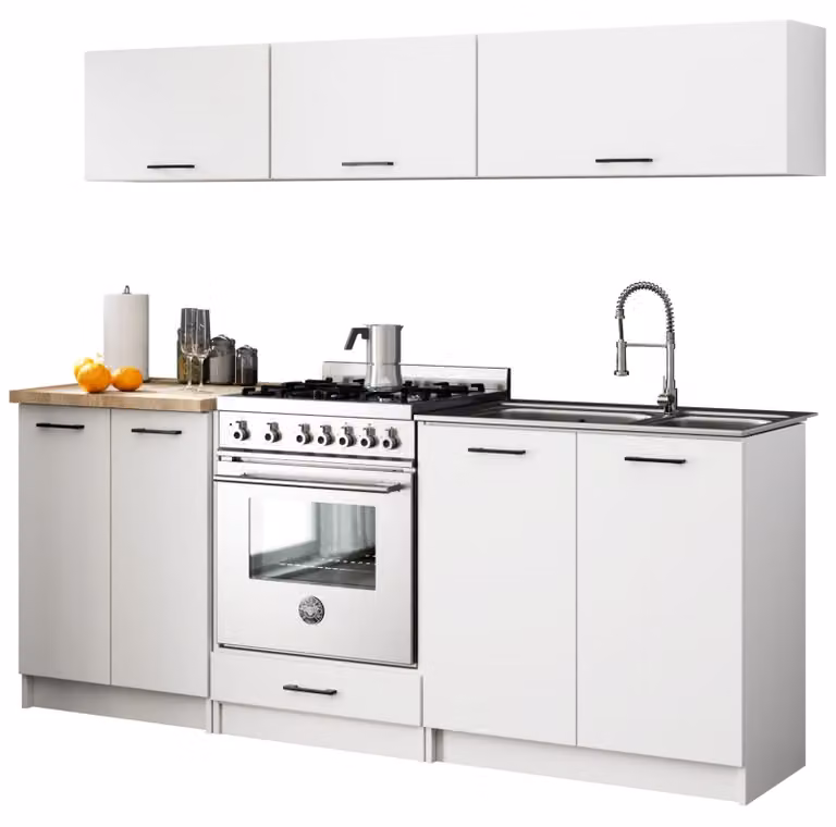 Set da cucina: otto ante, sei ripiani, colore: bianco, dimensioni del mobile: larghezza: 200 cm