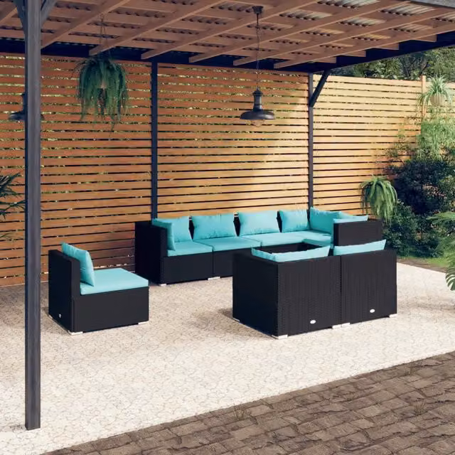Set di divani da giardino vidaXL in rattan nero con cuscini blu e coperture rimovibili – 1