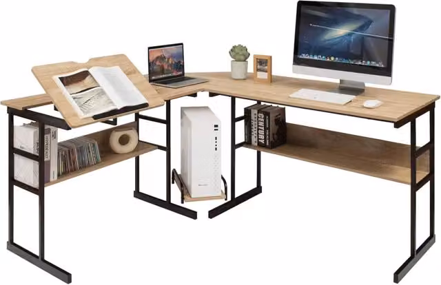 Scrivania Angolare a Forma di L COSTWAY con Piano Inclinabile e Supporto CPU, Colore Marrone