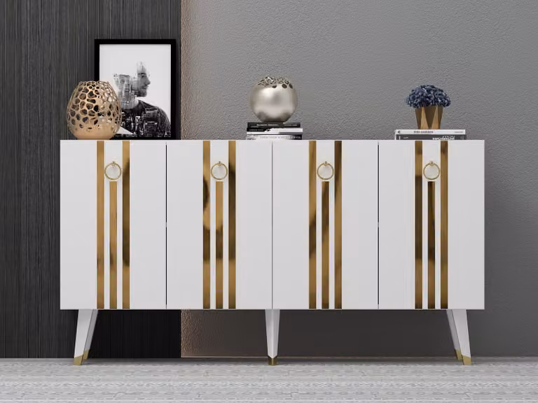 Skye Decor, Isil - Bianco, Oro, Consolle, Bianco, 100% PANNELLI DI PARTICELLE RIVESTITI IN MELAMMINA, 150 x 40 x 80 cm