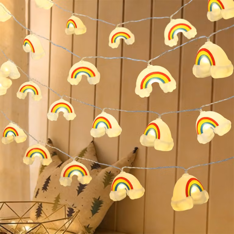 Catena luminosa a forma di arcobaleno, lunghezza 3 metri, 20 LED, alimentazione a batteria, luce bianco caldo