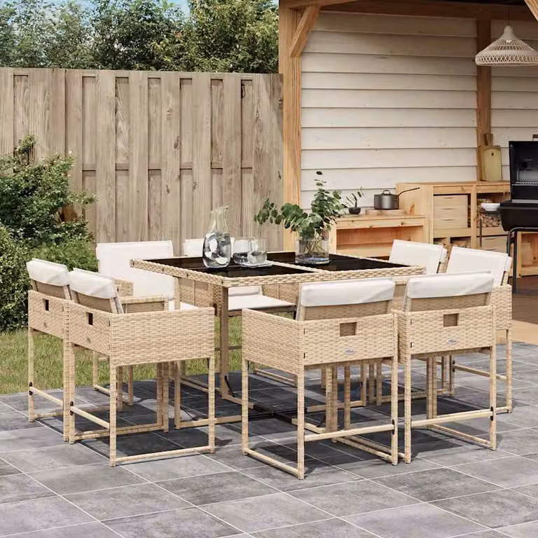 Set da pranzo da giardino vidaXL in polyrattan con cuscini beige e piano in vetro per 9 persone