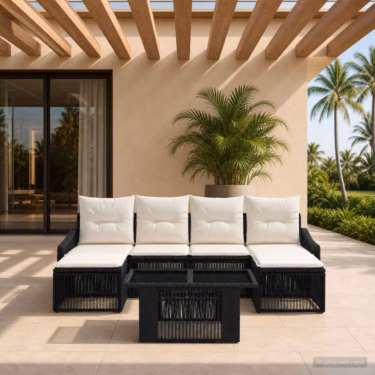 Set Divano da Giardino vidaXL 7 Pezzi in Polyrattan Nero e Bianco Crema con Cuscini