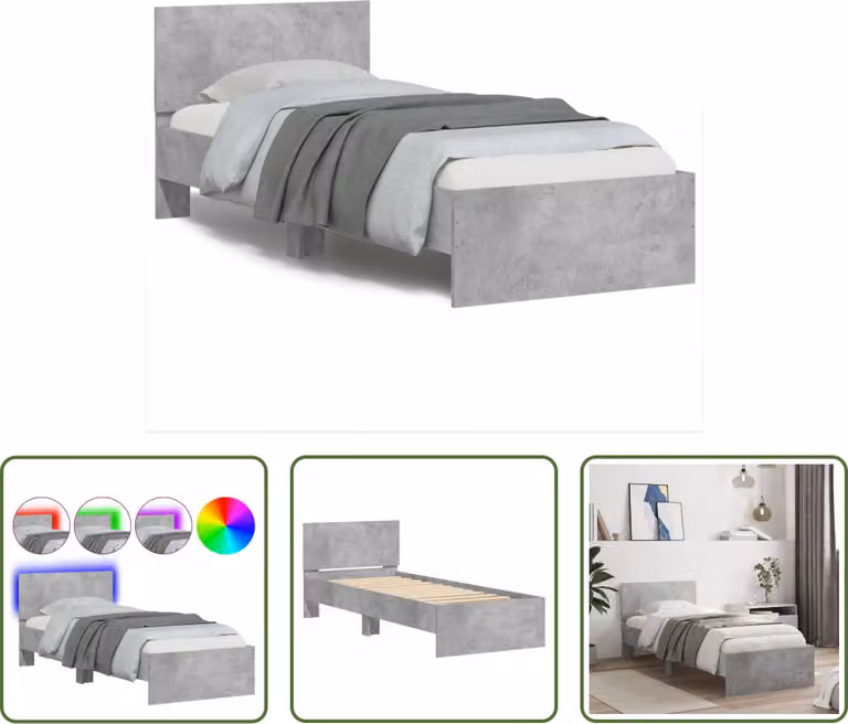 The Living Store Struttura letto con testiera e luci LED grigio cemento 75x190 cm