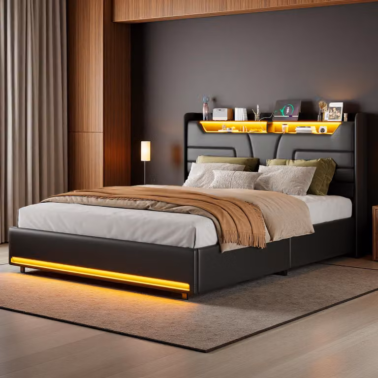 UnboxG Letto imbottito 140x200 cm con contenitore, LED e USB, letto matrimoniale in Finto cuoio nera con contenitore e rete a doghe