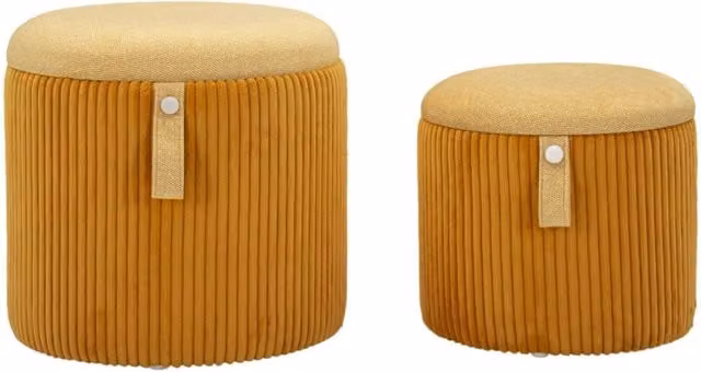 Set di 2 pouf contenitore Bolzano vikasa_home in velluto a coste giallo senape, forma cilindrica, L/P/H: 38 x 38 x 38 cm e L/P/H: 32 x 32 x 28 cm