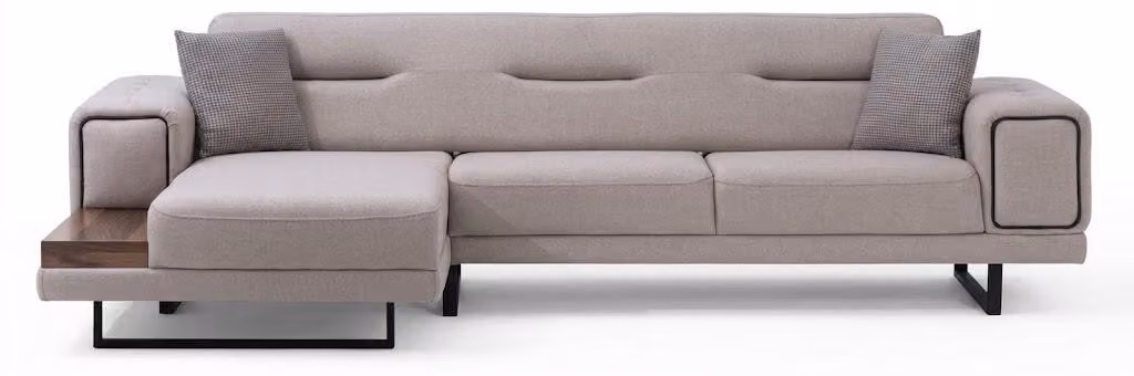Divano angolare moderno, dal design elegante, con imbottitura morbida, grande, spazioso e pratico, di colore beige