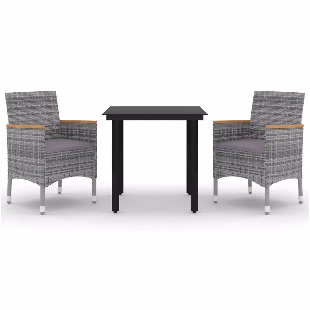 Set da pranzo per giardino vidaXL in polyrattan con tavolo in vetro e cuscini, grigio e nero – 2