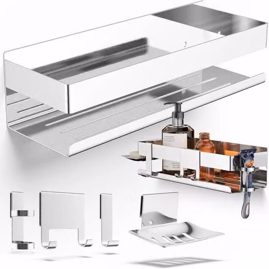 Set di doccia 5 in 1 in acciaio inox lucido senza fori - inclusa sospensione rasatura, sospensione doccia, contenitore sapone e ganci - organizzatore XXL per la stanza da bagno