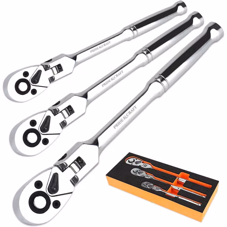 Set di chiavi a ralla a T, composto da 3 pezzi, con testa flessibile, 72 denti, sistema di bloccaggio rapido, reversibile, con attacco da 1/4", 3/8" e 1/2", realizzate in acciaio cromo-vanadio