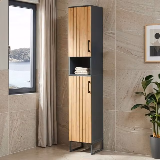 Mobile a Colonna Svanes en.casa con 2 Ante in Bambù e 6 Scomparti, H 170 x L 30 x P 30 cm, Grigio Scuro e Naturale