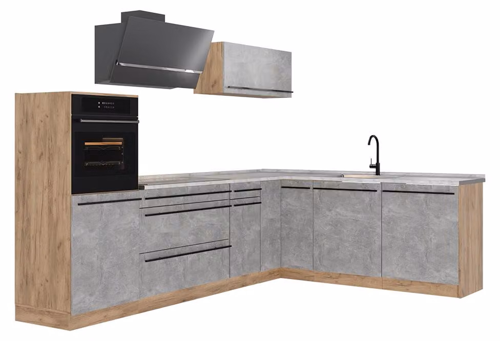 Cucina angolare completa Vicco R-Line Calcestruzzo/Rovere dorato 287 x cm piano di lavoro Marmo, Model 67463