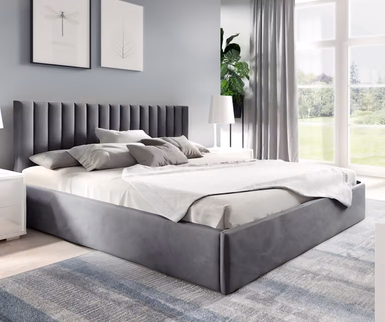 GUTTO: Letto imbottito 200x200 con struttura a doghe in metallo. Letto grigio in velluto, con contenitore
