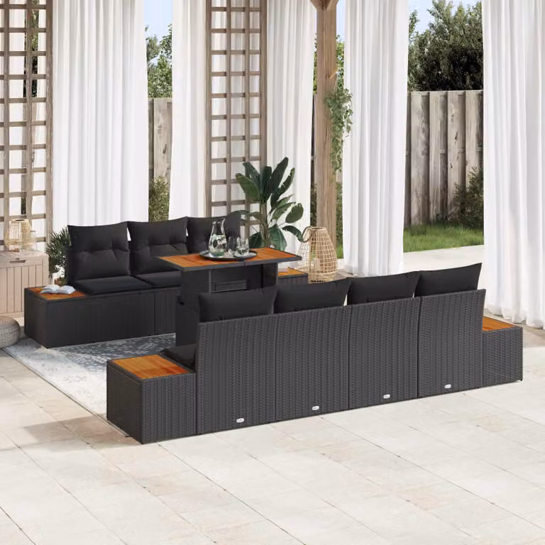 Set Divano da Giardino vidaXL 8 Pezzi in Poly Rattan Nero con Struttura in Metallo