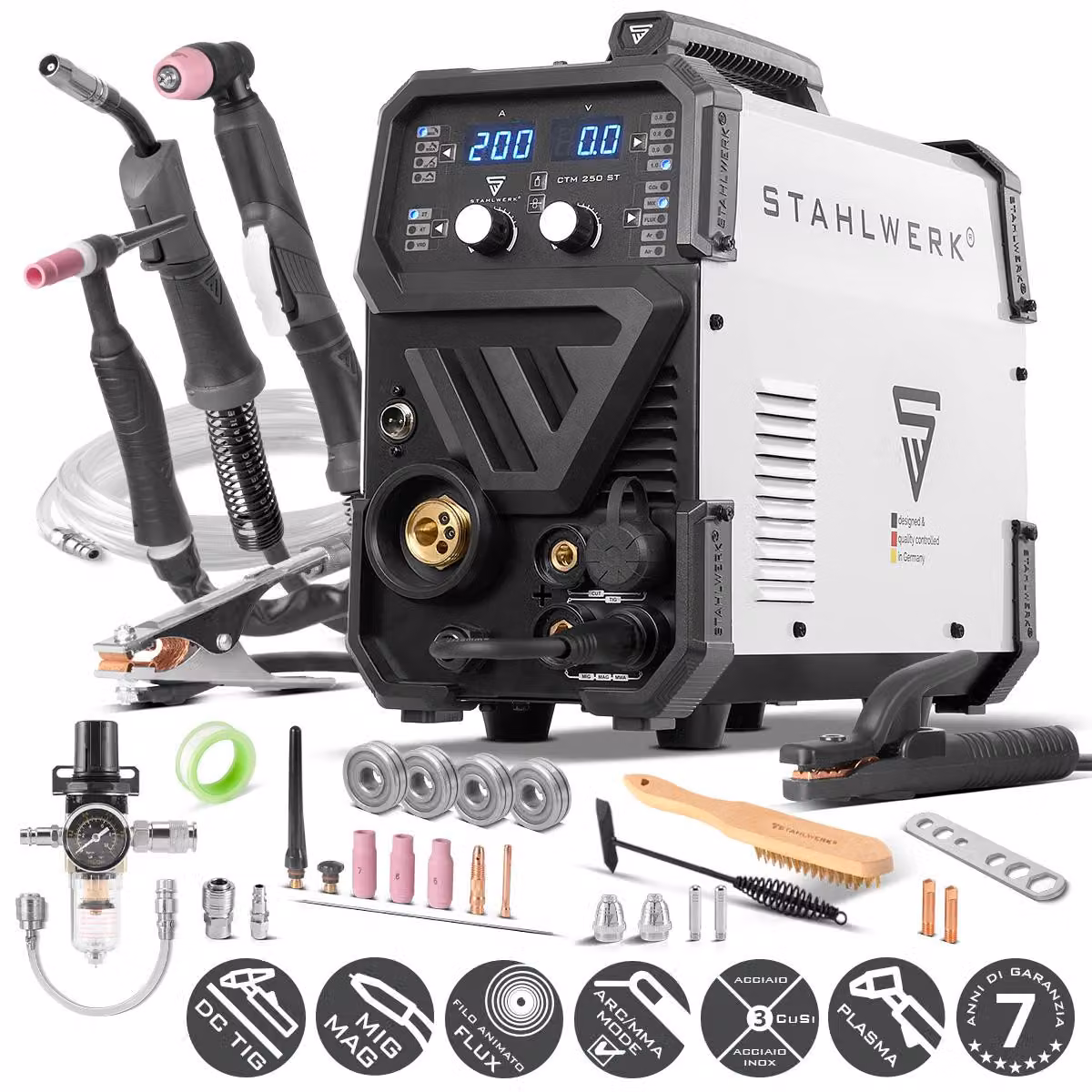 Saldatrice ad arco schermato a gas STAHLWERK 4-in-1 combi CTM-250 ST - TIG, MIG/MAG, MMA (MMA), FLUX (filo animato) fino a 200A, CUT fino a 45A, capacità di taglio fino a 14mm