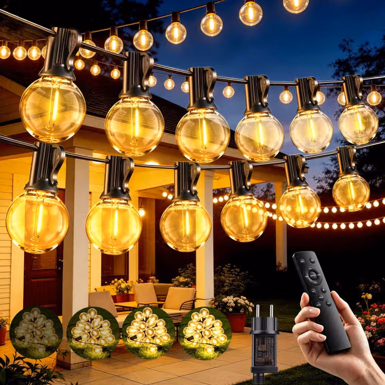 Catena luminosa da 20 metri, con 25+2 LED G40, luce bianco caldo, dimmerabile, con telecomando