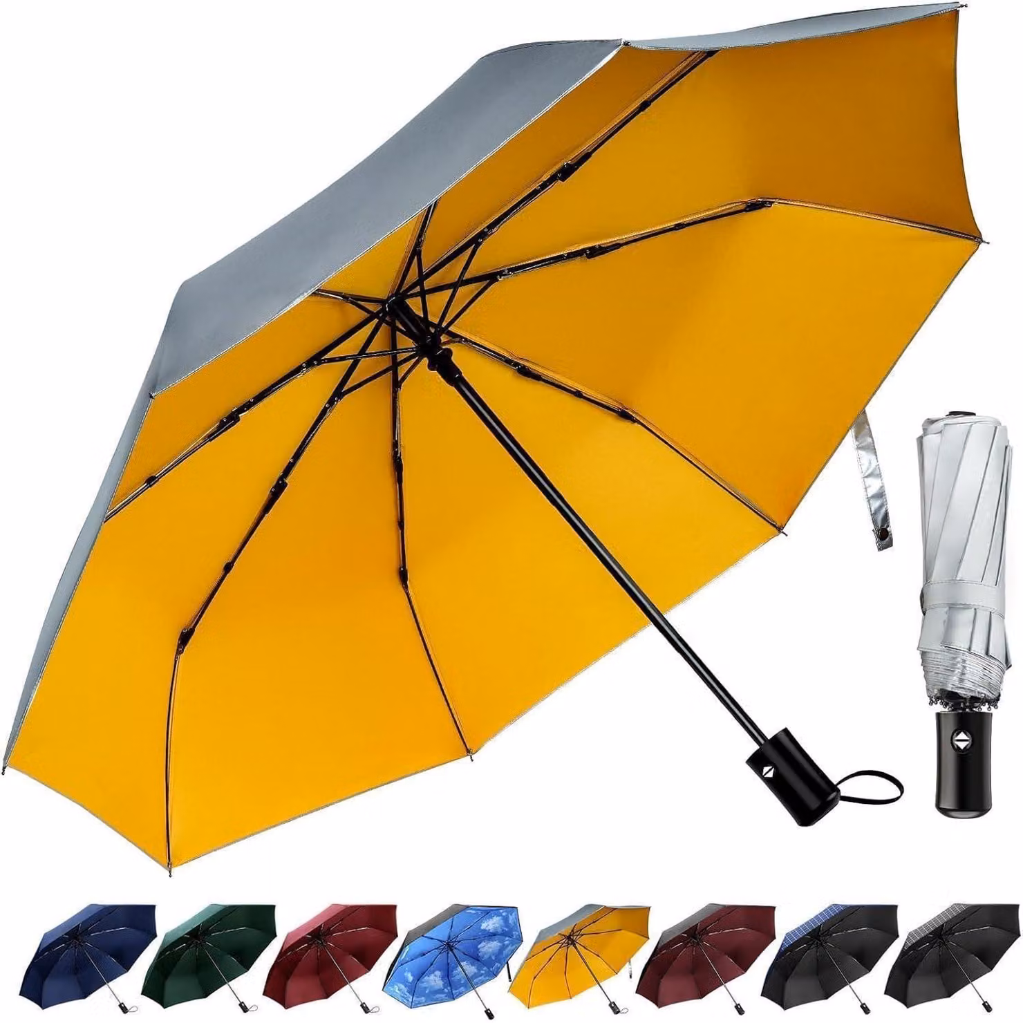 Ombrello resistente al vento, con apertura e chiusura automatiche, pieghevole e portatile, color argento e giallo