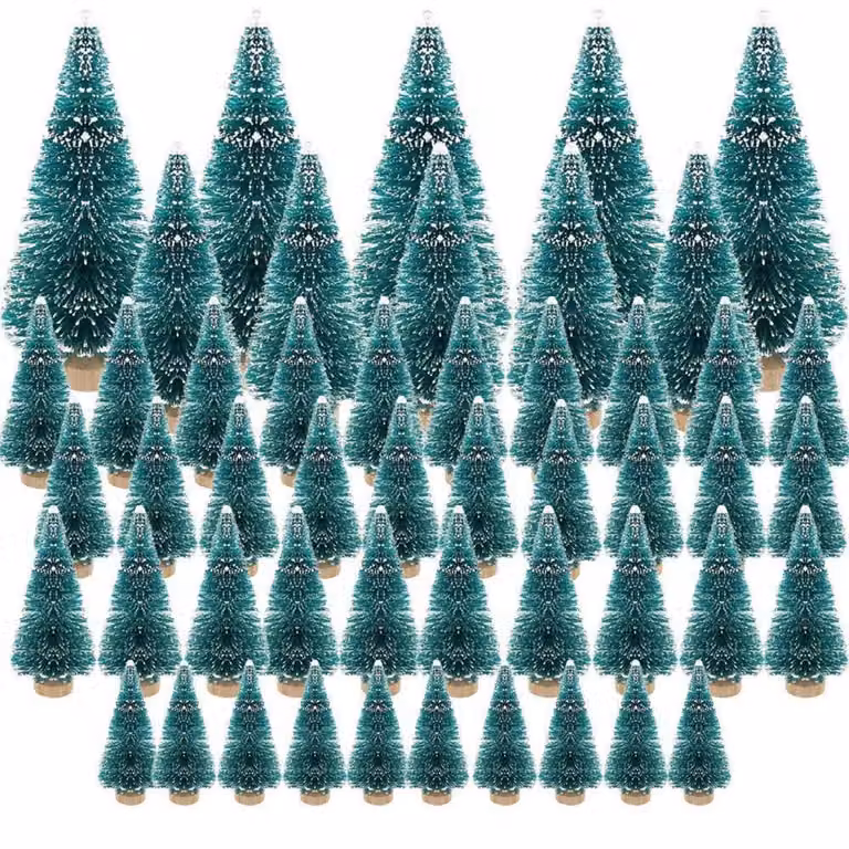 Mini albero di Natale artificiale, set da 50 pezzi, dimensioni 3,5-8,5 cm, materiale: PVC, metallo, legno