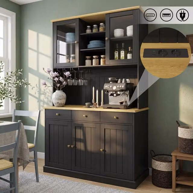 Credenza alta 120 x 40 x 191 cm in pannello truciolare; ante in vetro; portabicchieri e prese USB; nera