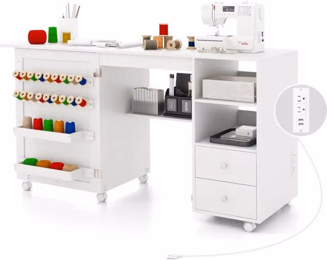 Tavolo da cucito con rotelle pieghevole, mobile per macchina da cucire con stazione di ricarica, 2 cassetti, truciolato bianco, resistente, per casa