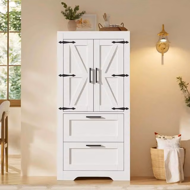 Armadio alto bianco stile fienile con 2 cassetti e ripiani regolabili, 60 x 30 x 128 cm