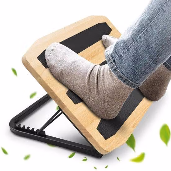 Supporto ergonomico per i piedi in legno con struttura in acciaio – regolabile in altezza su 7 posizioni, inclinazione da 0 a 32°, dotato di 3 strisce in gomma antiscivolo | Ideale per l'ufficio domestico e l'ambiente lavorativo