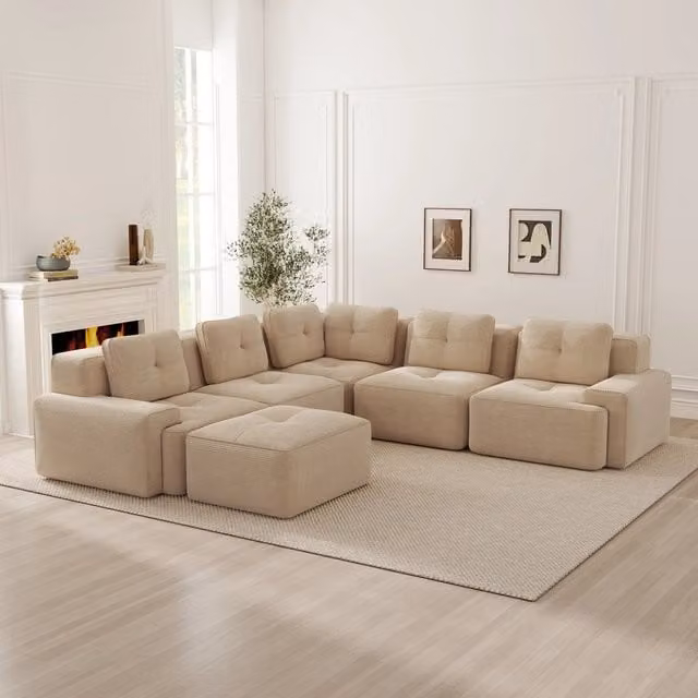 Divano angolare modulare con base antiscivolo in velluto a coste beige