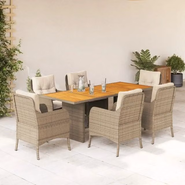 Set da pranzo da giardino vidaXL in polyrattan con cuscini beige e tavolo in legno di acacia, 7 pezzi