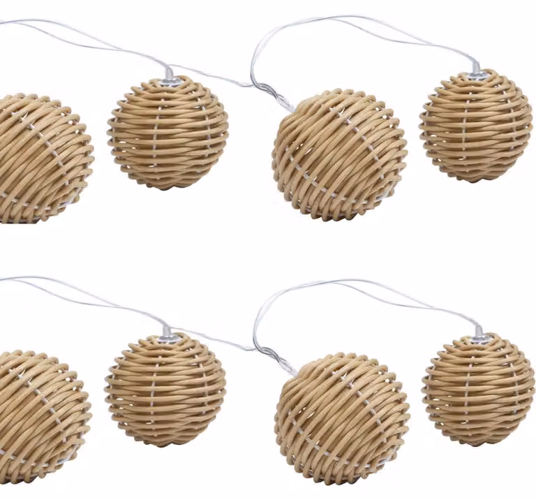 Catena luminosa in rattan con 10 sfere, lunghezza 2,5 metri, luce bianco caldo, alimentata a batteria