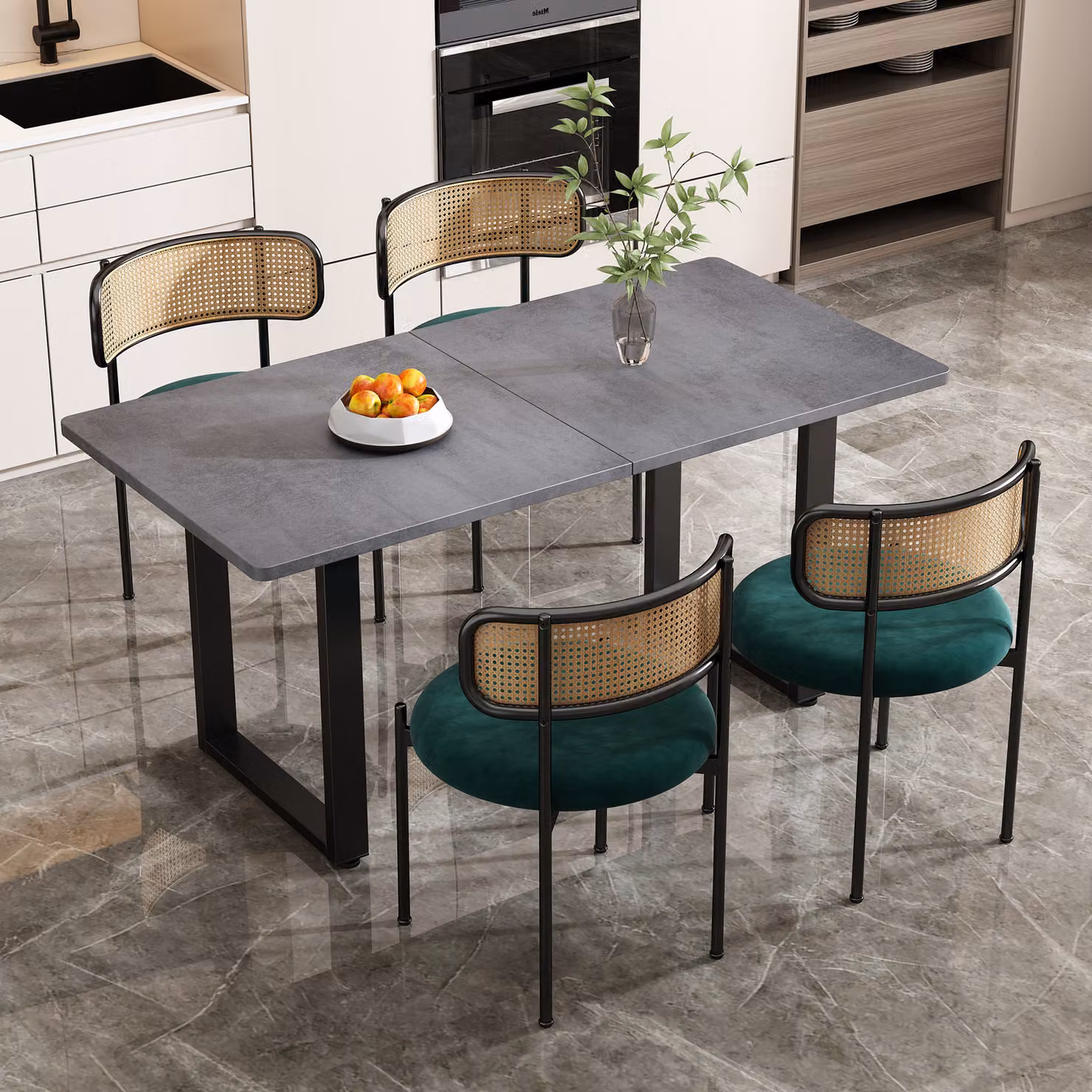 Set di sedie e tavolo da pranzo Sweiko, set di 5, 4 sedie da pranzo in velluto e 1 tavolo da pranzo rettangolare, tavolino da caffè/tempo libero, sedia in rattan per il tempo libero, semplicità moderna, grigio + verde + nero