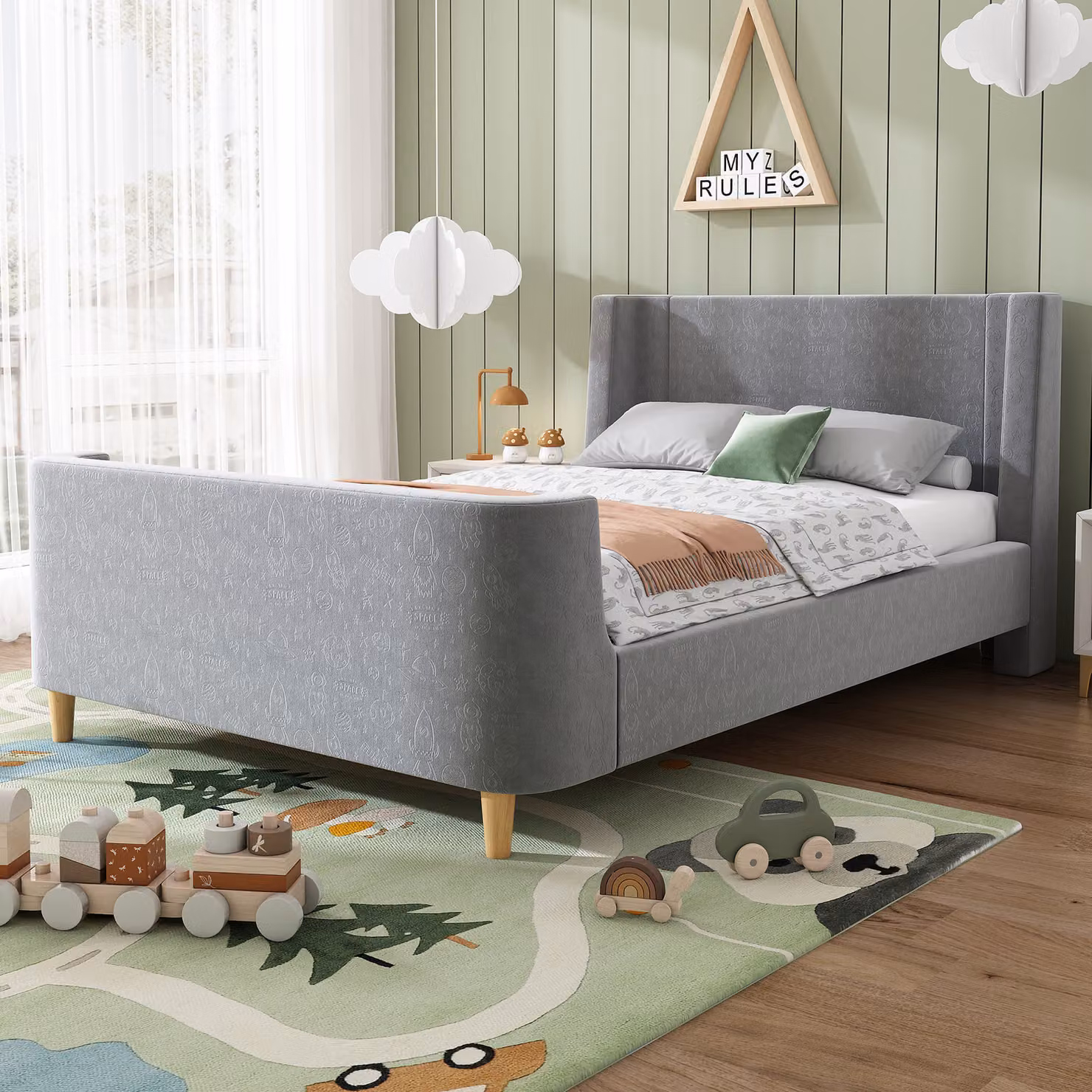 Letto imbottito Flieks 90x200cm con rete a doghe, letto classico letto per bambini letto per ragazzi con rivestimento in velluto, letto singolo letto in legno, grigio