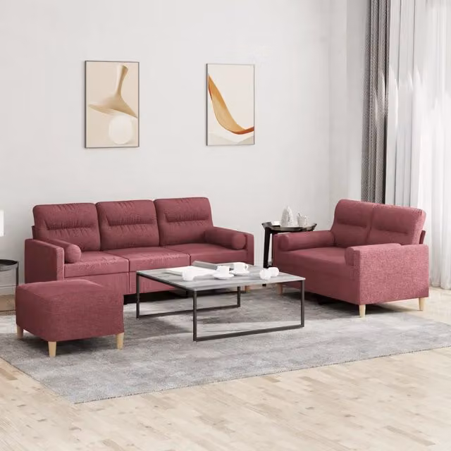 vidaXL Set di Divani 3 Pezzi Moderno in Tessuto Rosso con Cuscini e Pouf – 1