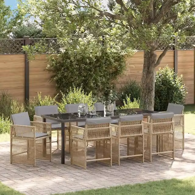 Set da pranzo per giardino e terrazzo vidaXL in polyrattan beige con tavolo in vetro e 9 pezzi