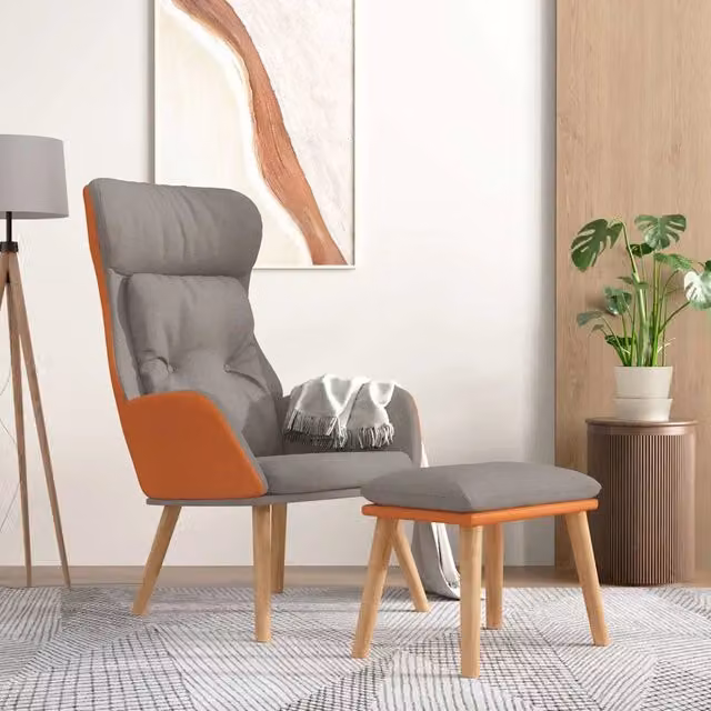 Poltrona Relax con Poggiapiedi Grigio Chiaro in Similpelle e Tessuto con Struttura in Metallo e Legno