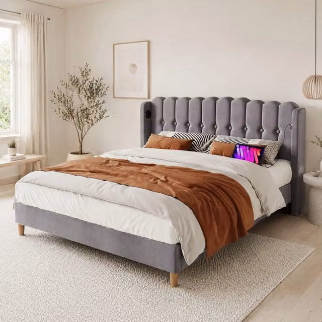 Letto matrimoniale imbottito 180x200 cm in lino grigio con USB e Type-C